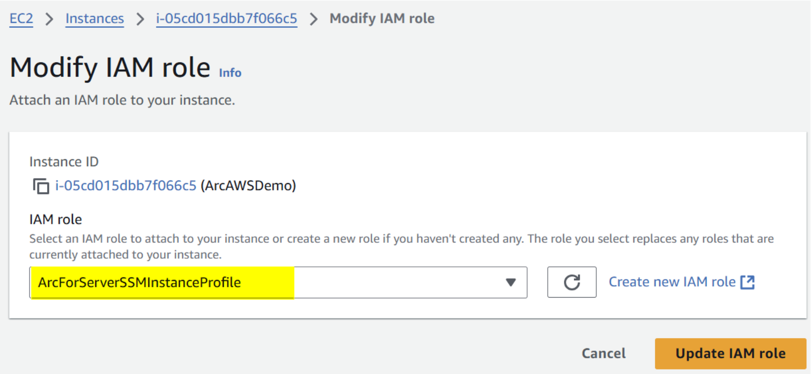 Assign ArcForServerSSMInstanceProfile Role